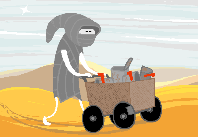 PM pushing a mail cart in the desert.